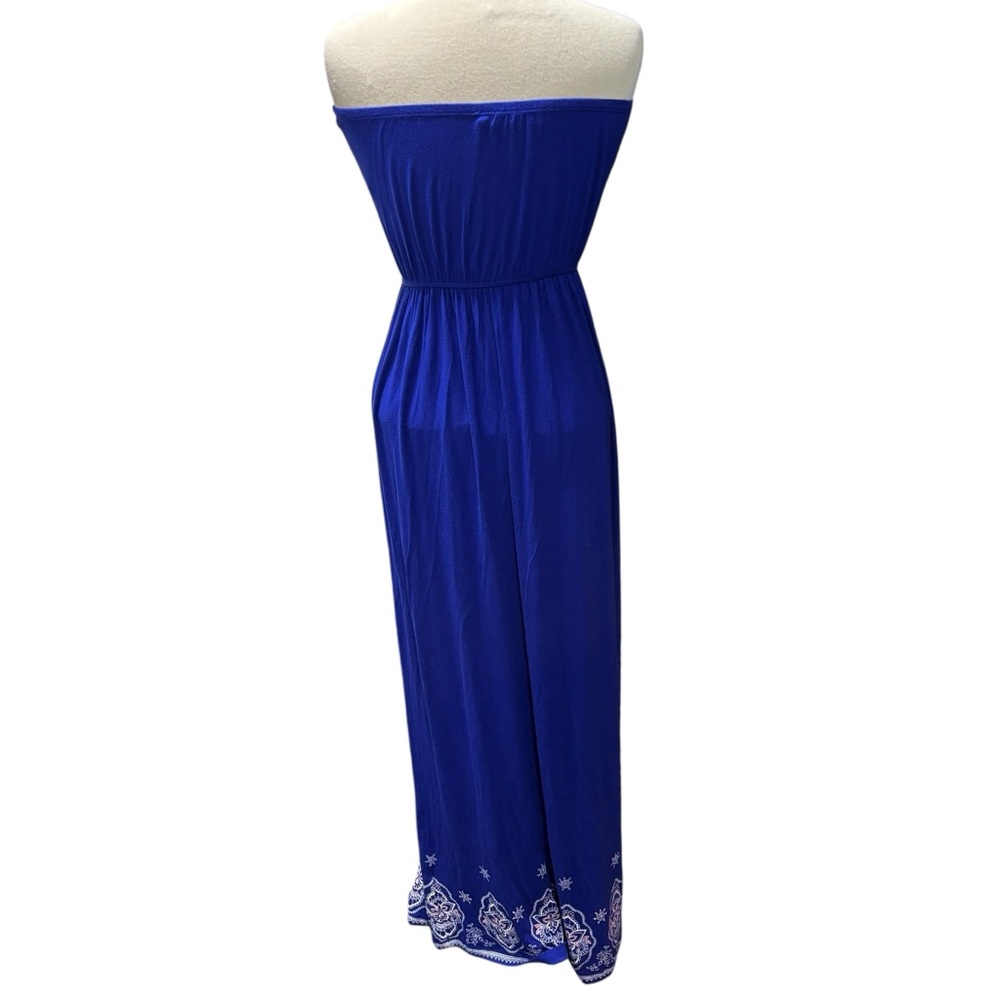 Love Tree Blue Strapless y Border Print Maxi Dress Medium Tube Top Gown #508 - Picture 3 of 8